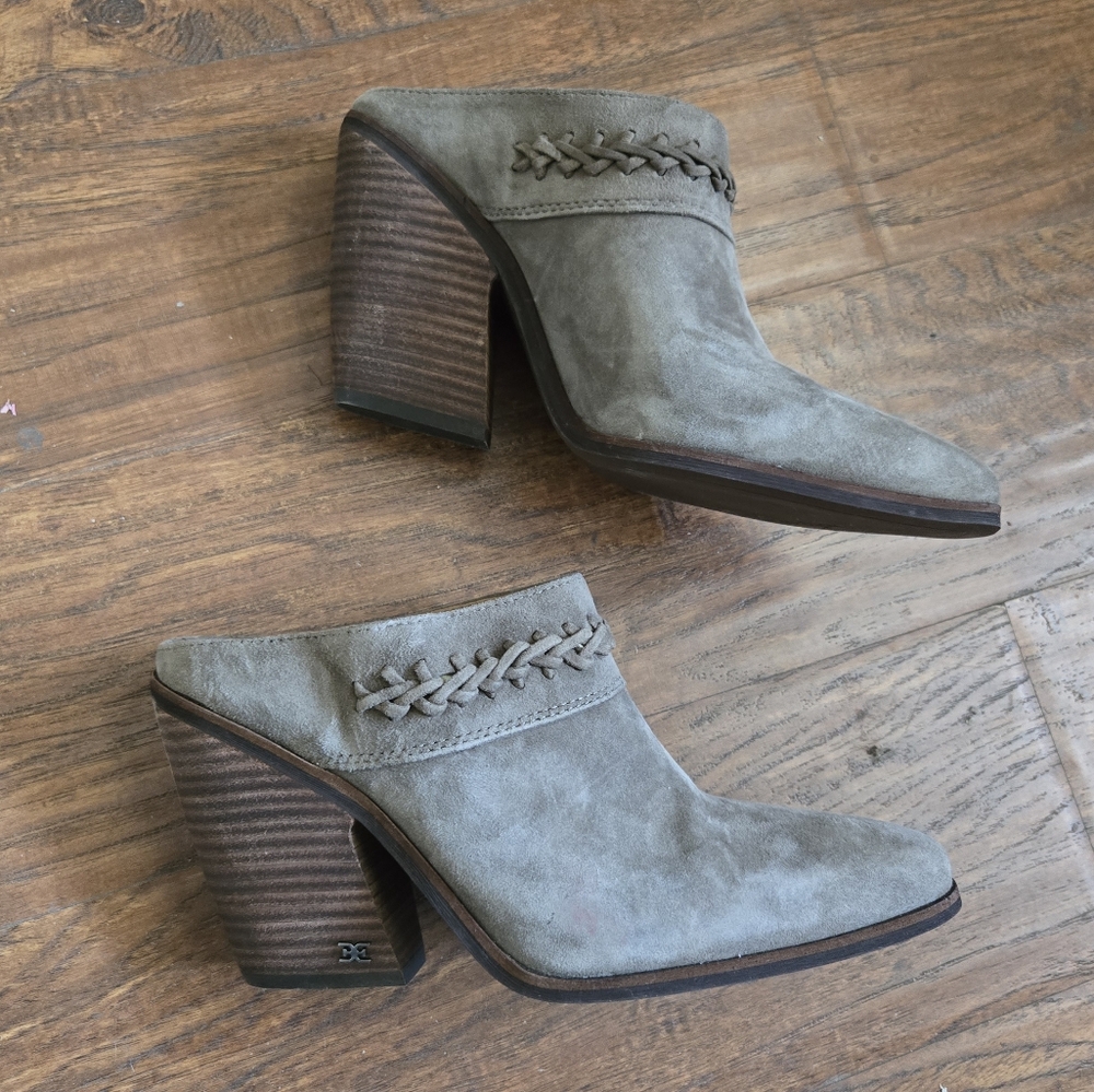 Sam Edelman Alison Sz 8 Suede Mule OLIVE Braided Trim Taupe Block Heel Cowgirl